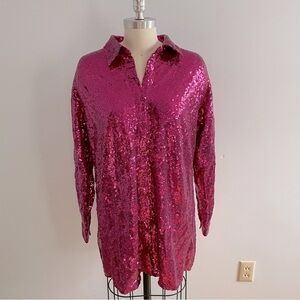 12th Tribe Full Sequin Shirt Dress- Barbie Pink- Size Small- NWT
